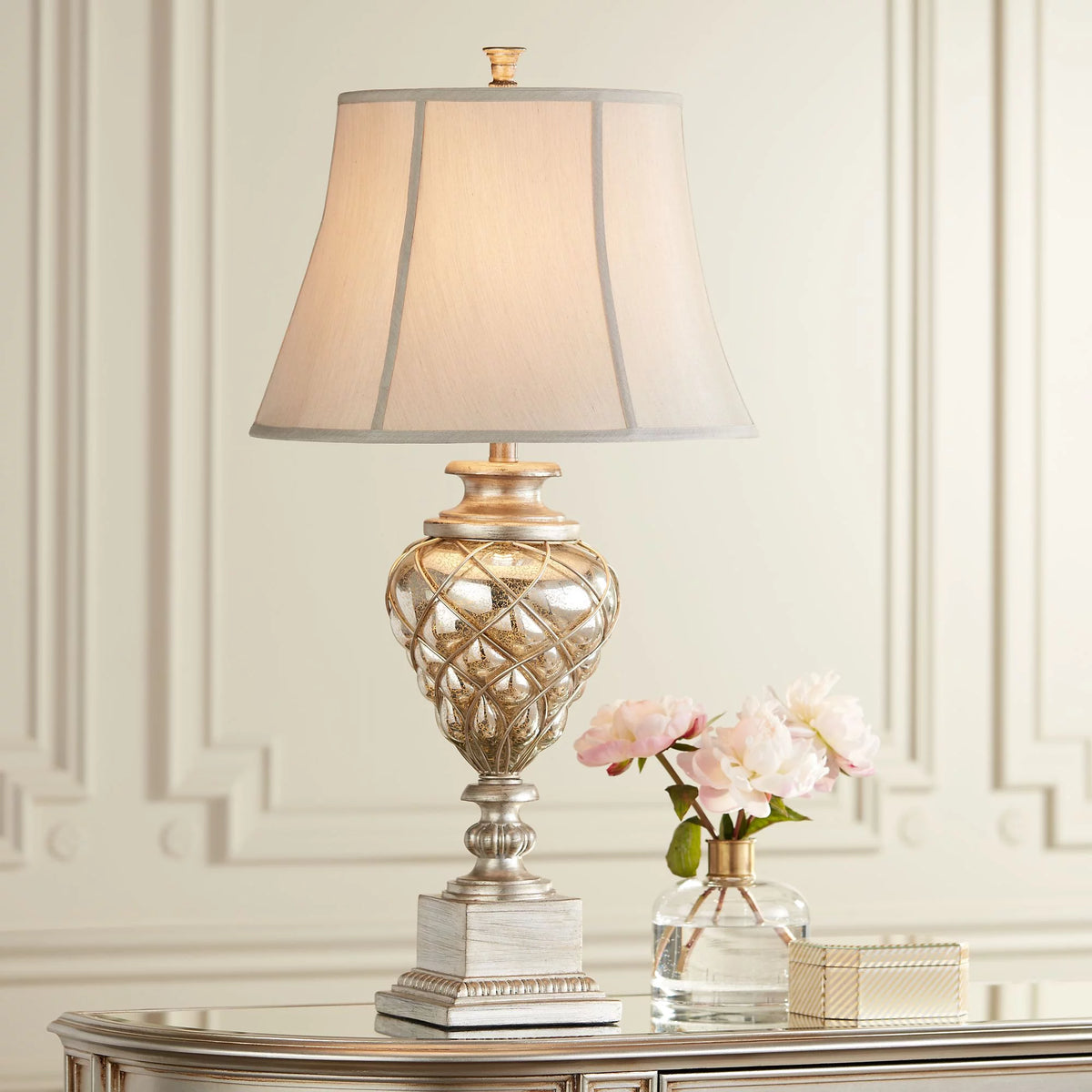 Traditional Table Lamp with Nightlight LED Off White Mist Fabric Bell Shade W799