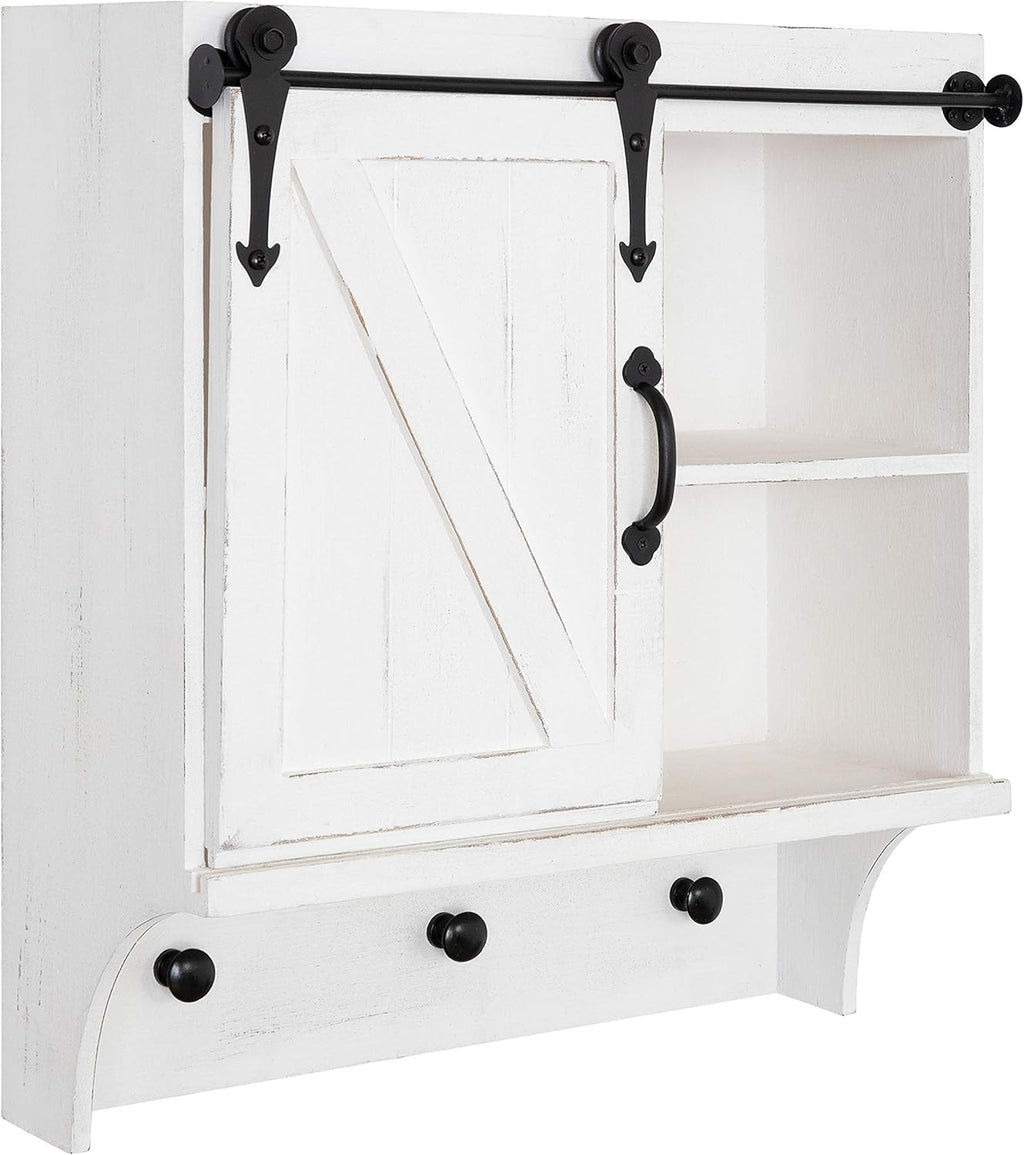 White Farmhouse Cabinet Wall Organizer with Sliding Barn Door and 3 Knobs V859