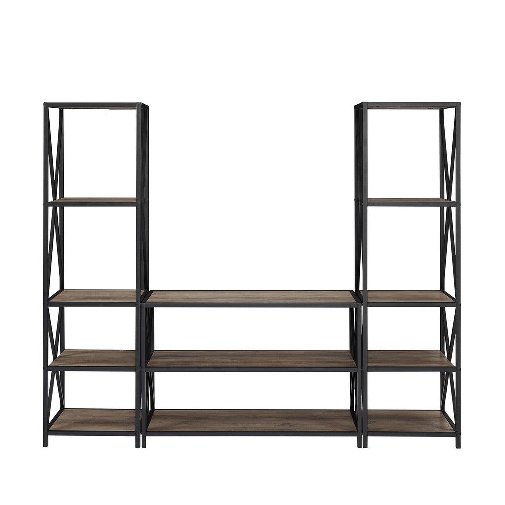 3-Piece Dark Walnut Black Metal Entertainment Wall M496
