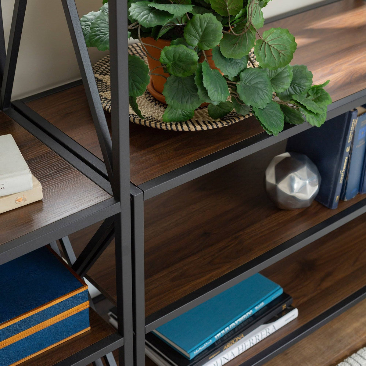3-Piece Dark Walnut Black Metal Entertainment Wall M496