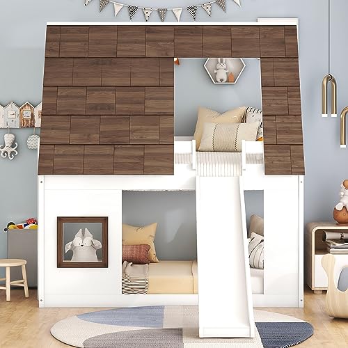 Twin-Over-Twin Wooden Bunk Bed with Storage, Gray+White F288