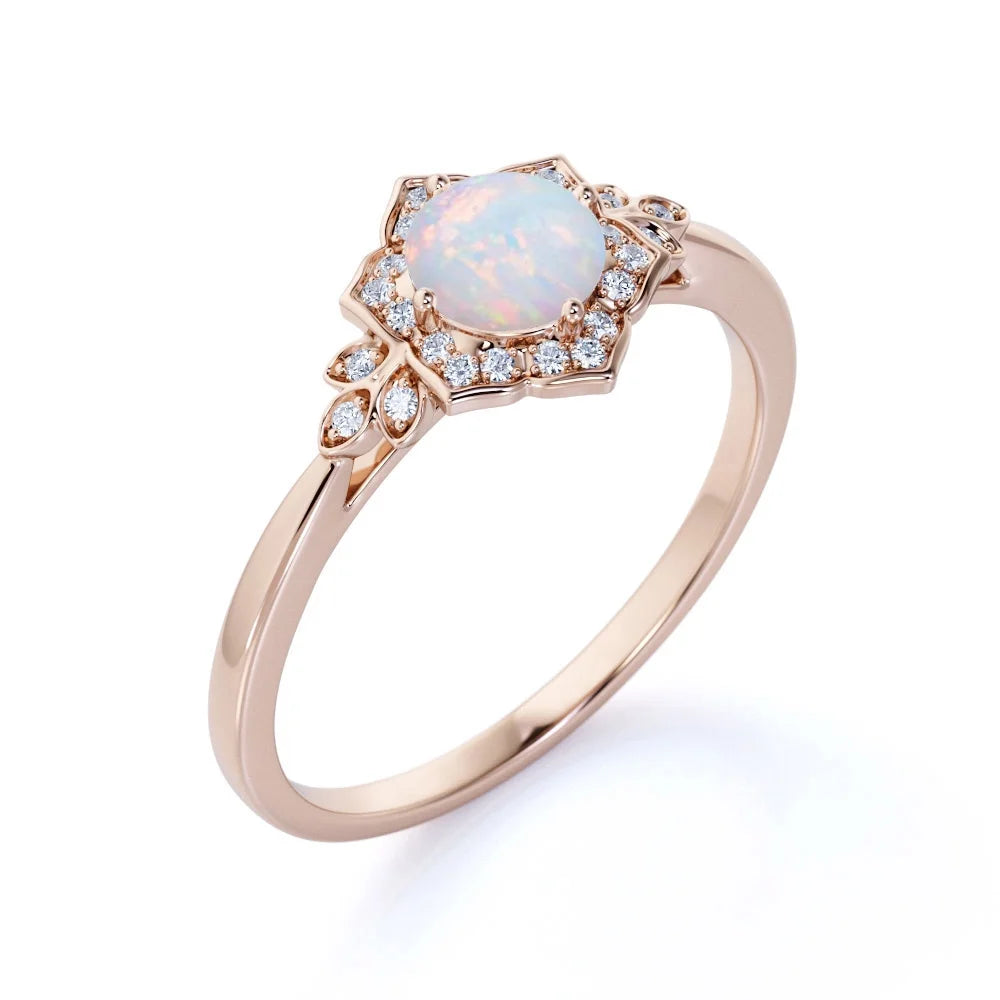 Vintage 1.75 ct Round Ethiopian Opal and Moissanite Engagement Ring in 18K Rose Gold over Silver N85549