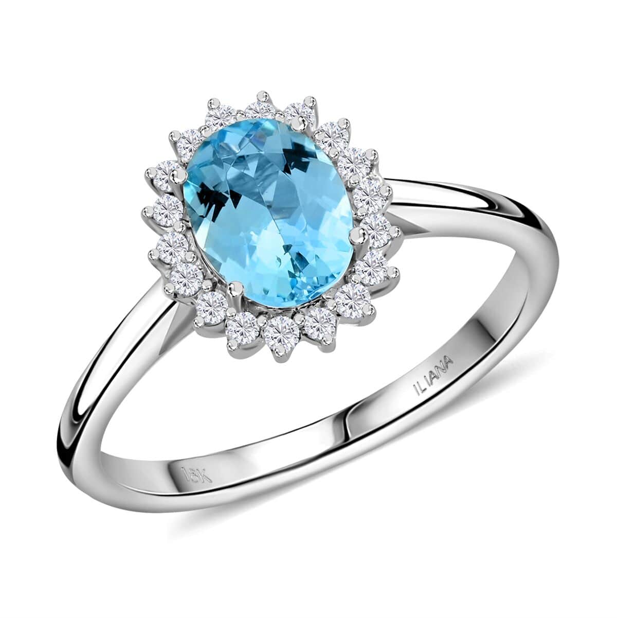 Oval Blue Aquamarine White Diamond 18K White Gold Ring Size 8 Ct 1.18 G-H Color Si1 Clarity J652