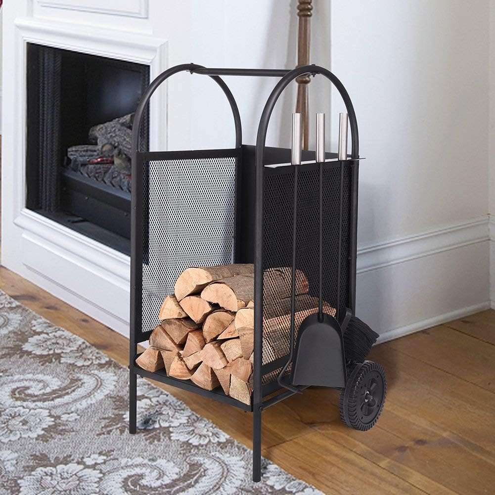 Black Wrought Iron Firewood Cart with Large Wheels V1426