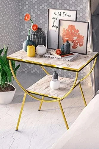 White Marble Nightstand with Gold Metal Legs F428