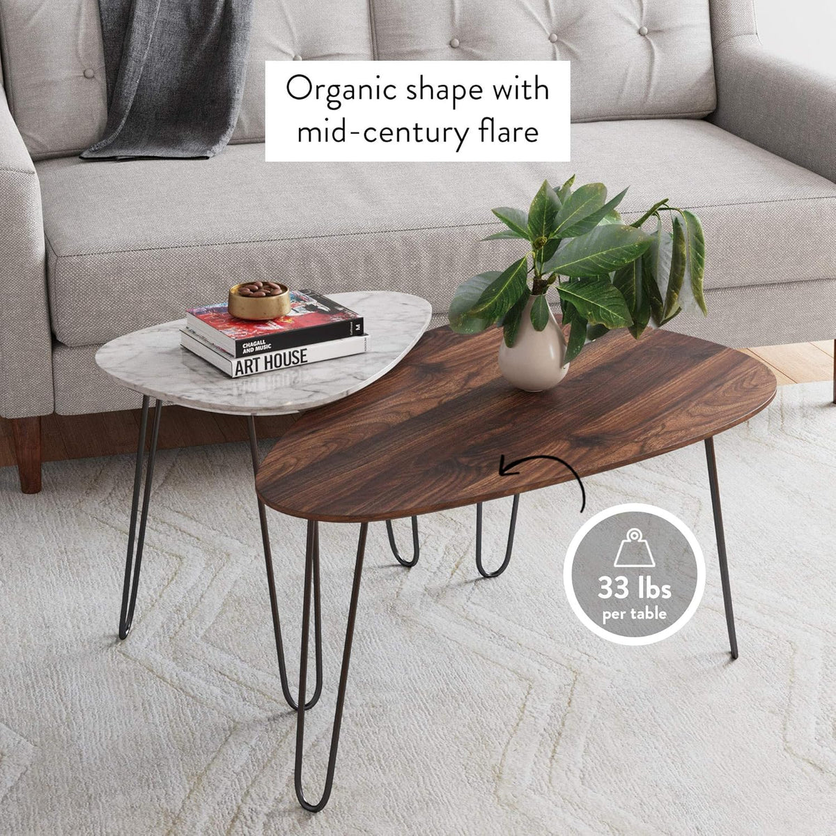 Mid-Century Nesting Coffee Table Set of 2, Faux Carrara Marble, Wood Finish, Black Metal Legs Y855