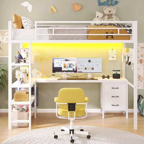 Twin Metal Loft Bed with L-Shaped Desk, LED Lights, Charging Station, Fabric Drawers & Shelves, White N6506