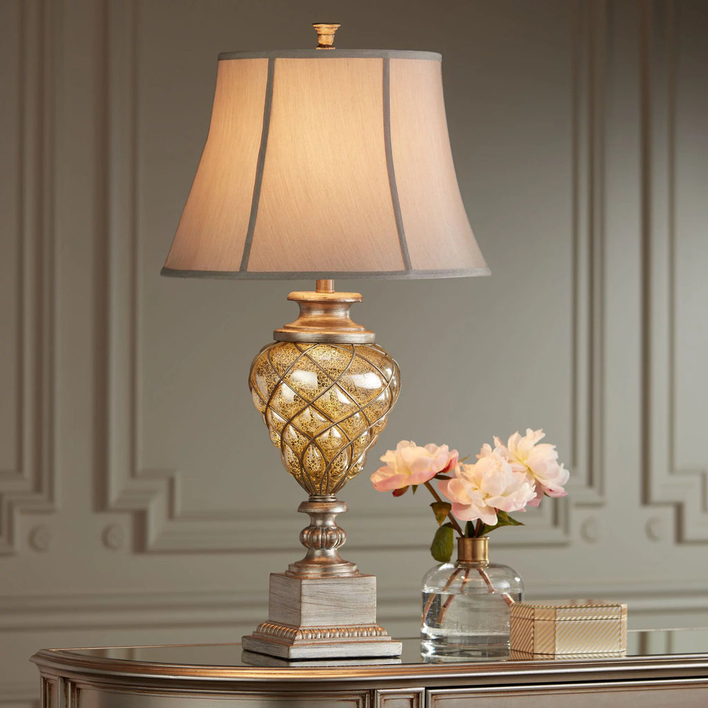 Traditional Table Lamp with Nightlight LED Off White Mist Fabric Bell Shade W799