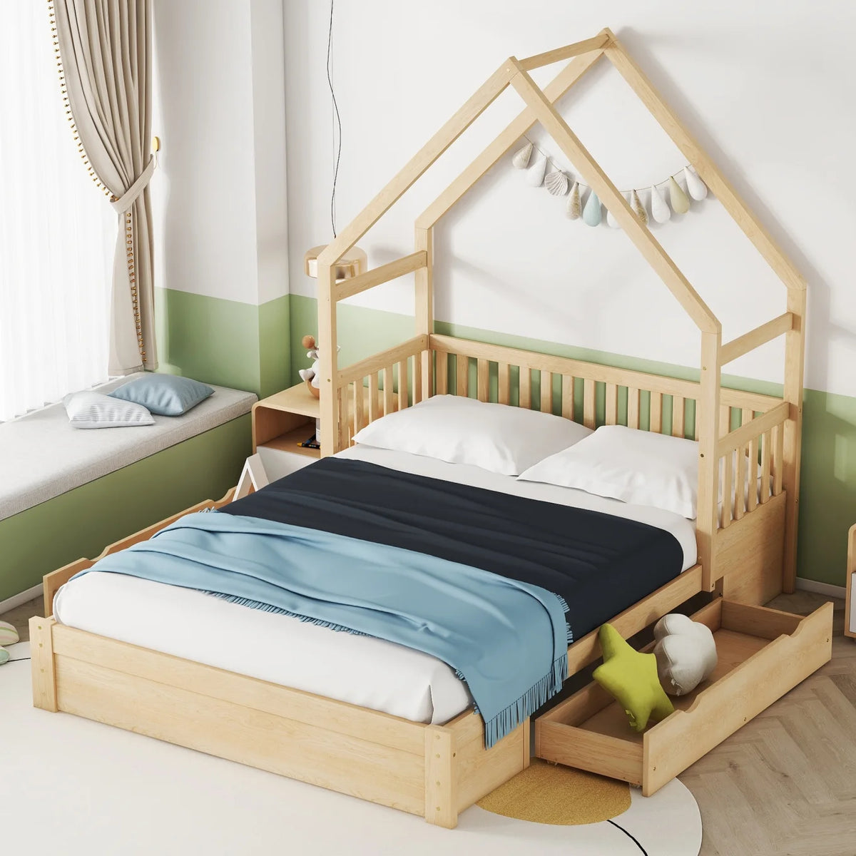 Queen Size Wood Platform Bed with Guardrail and 2 Storage Drawers C5356