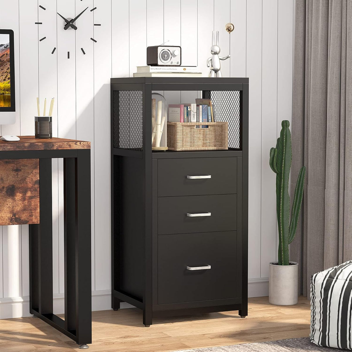 Black 3 Drawer Vertical File Cabinet with Metal Wire Storage Shelves E1521
