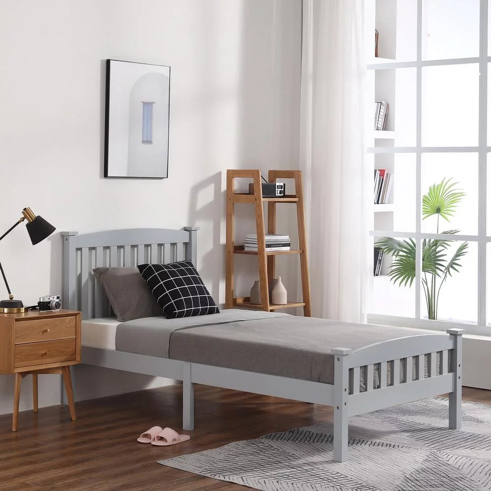 Gray Solid Pine Wood Twin Bed Frame with Headboard D229719