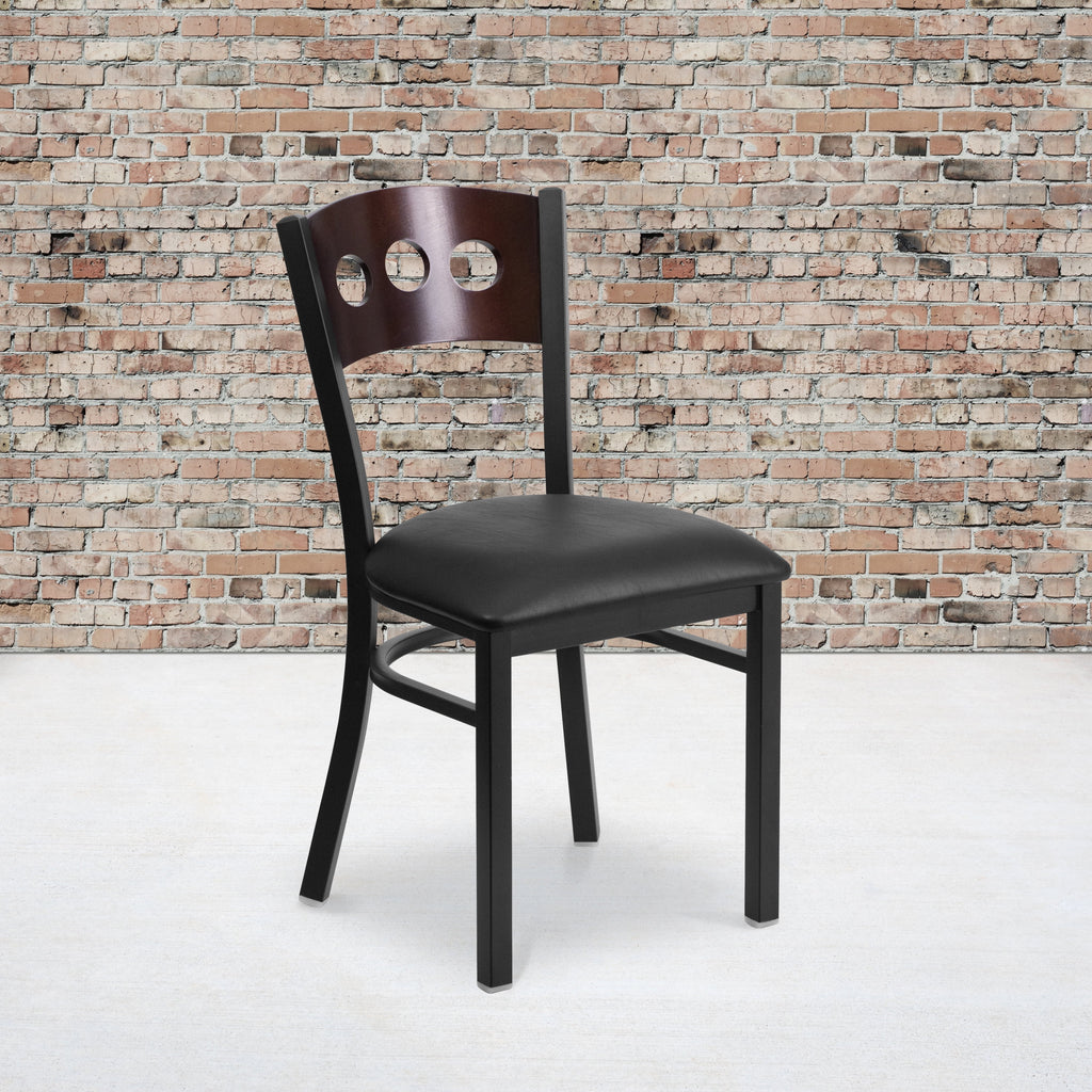 Black Metal Restaurant Chair with Walnut Wood Back and Vinyl Seat O611969