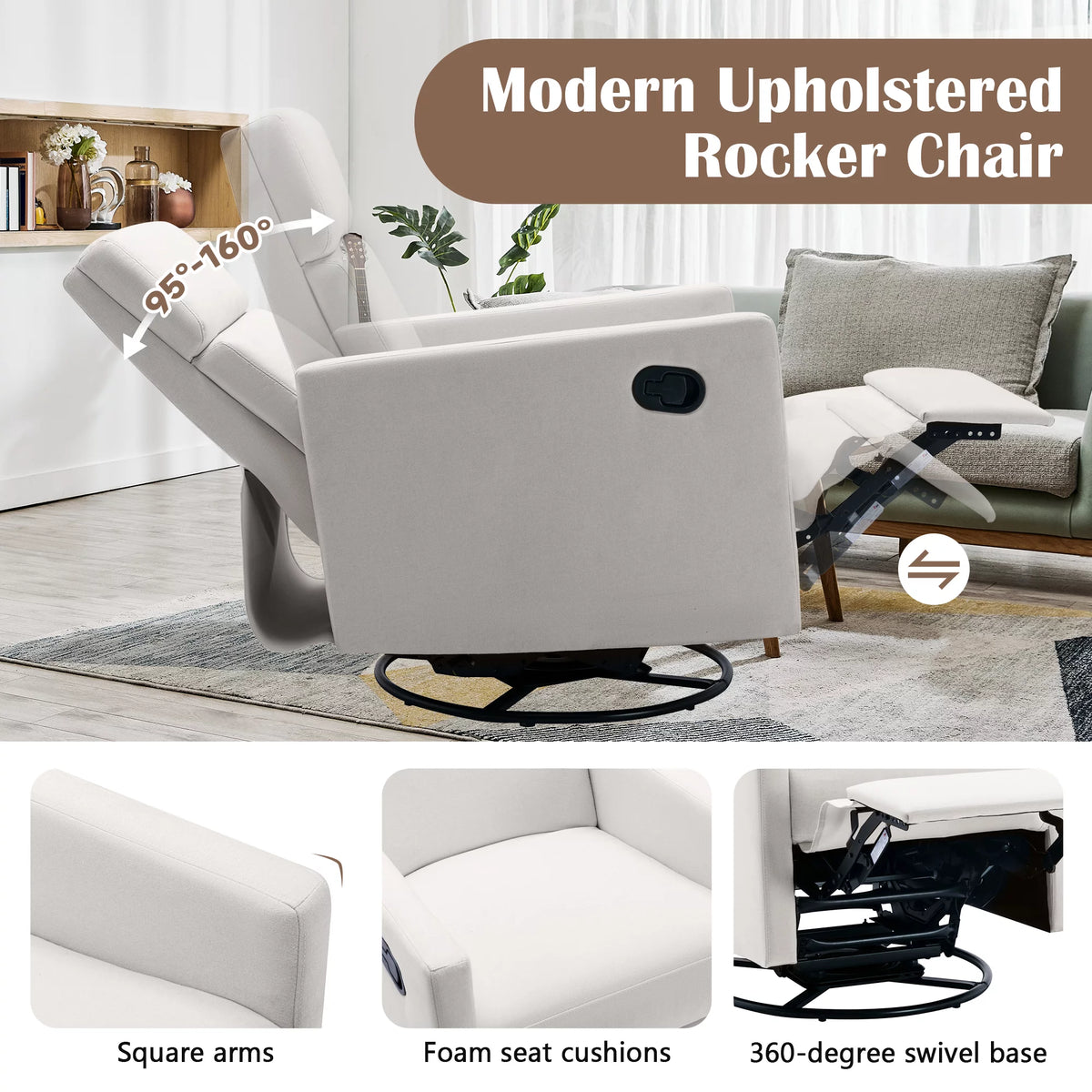 Beige Upholstered Swivel Recliner Chair P3472