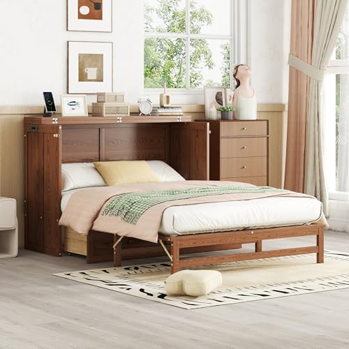 Full Size Walnut Murphy Bed with Charging Station and Drawers R8822