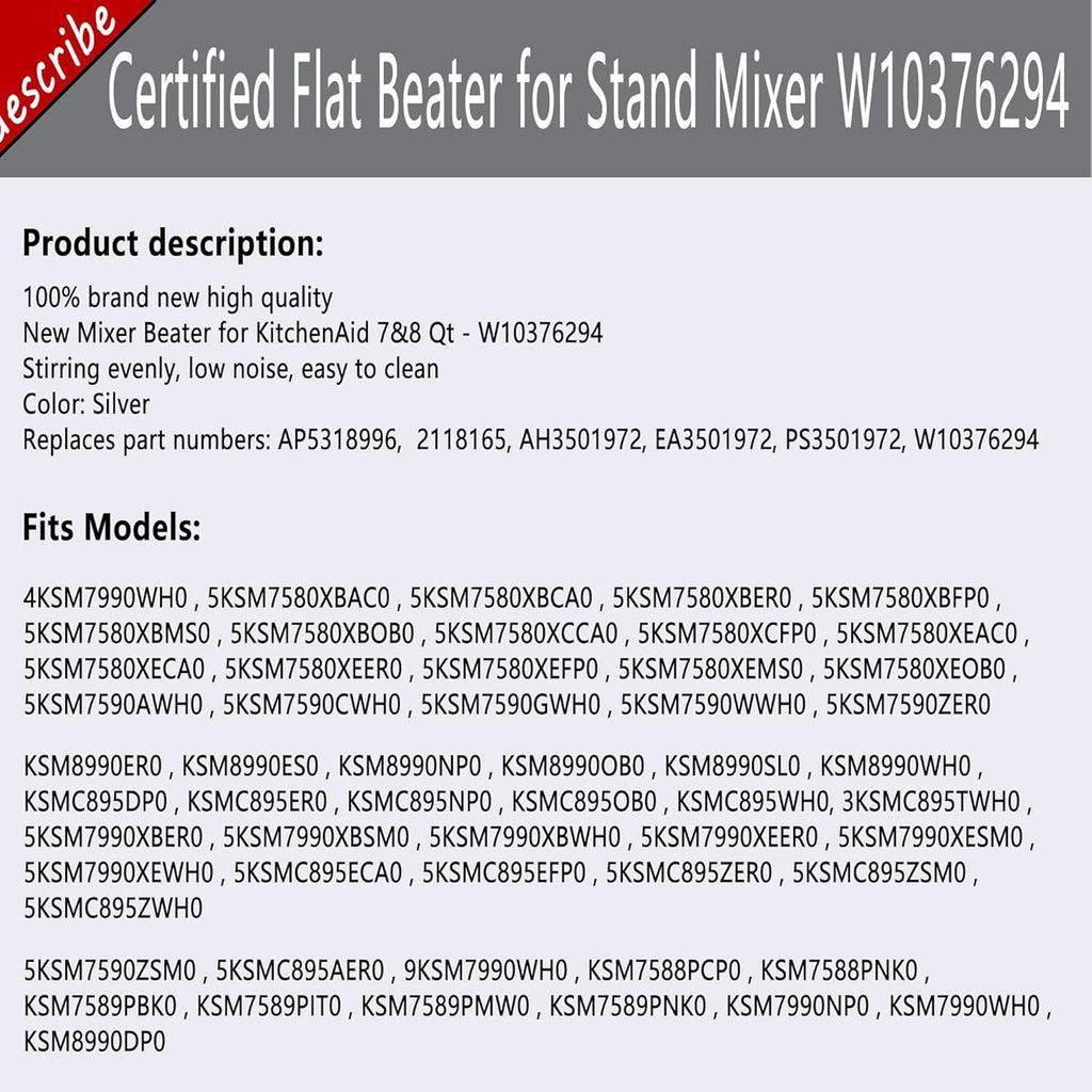 7&8 Quart Stainless Steel Flat Beater for Stand Mixer D4141