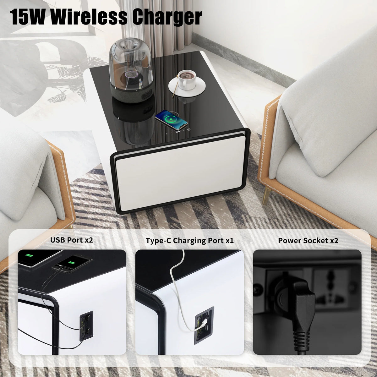 White Smart Side Table with Built in Fridge and Storage Drawer S839734