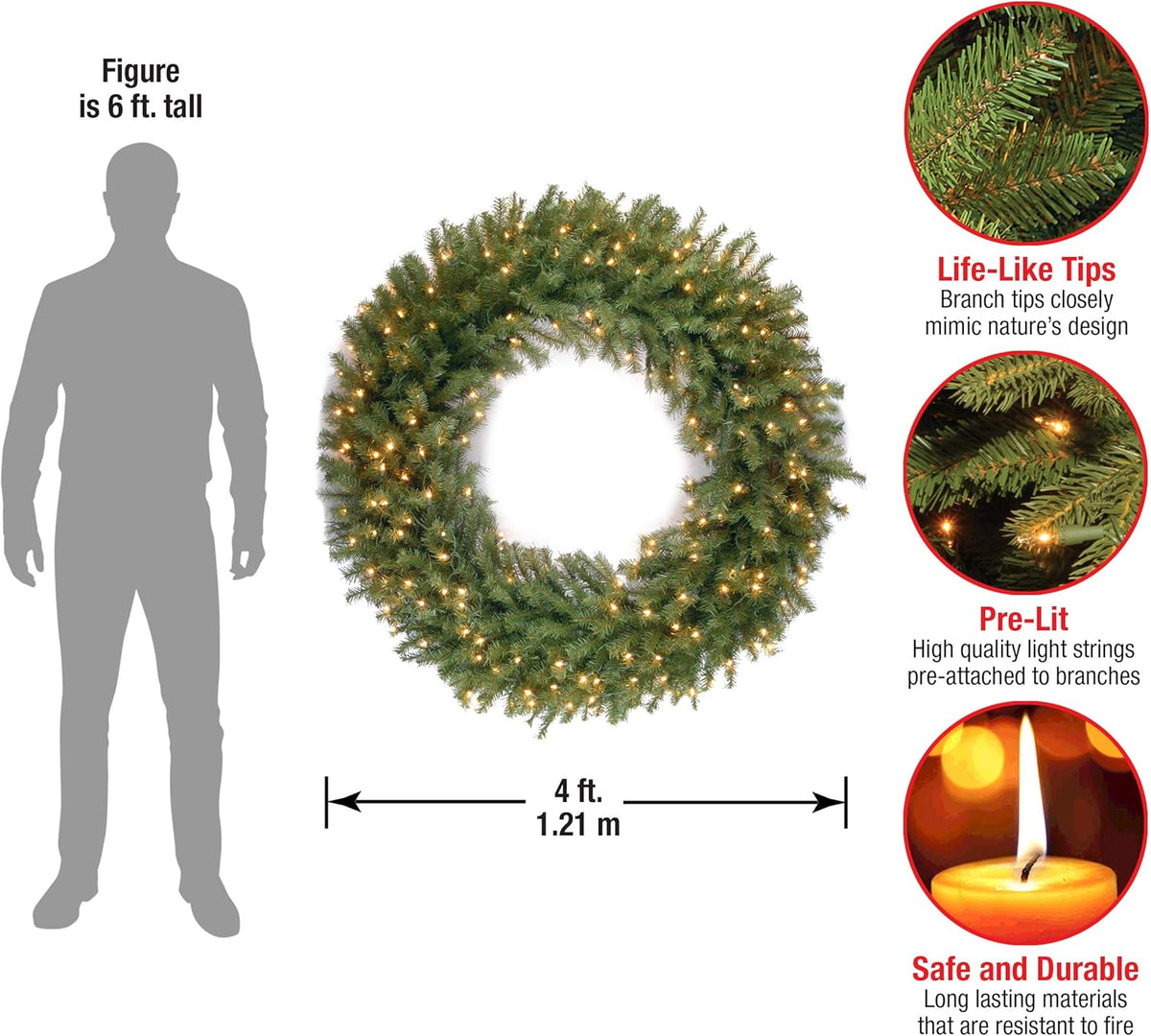 Pre-Lit Artificial Christmas Wreath, Green, 48 Inches A397