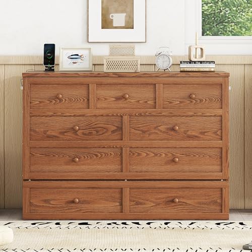 Full Size Walnut Murphy Bed with Charging Station and Drawers R8822
