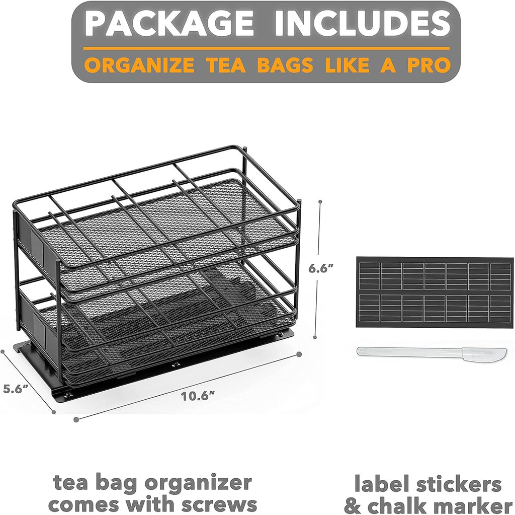 Black 1 Drawer 2-Tier Pull Out Tea Bag Organizer Rack with 70 Labels and Chalk Marker E31440