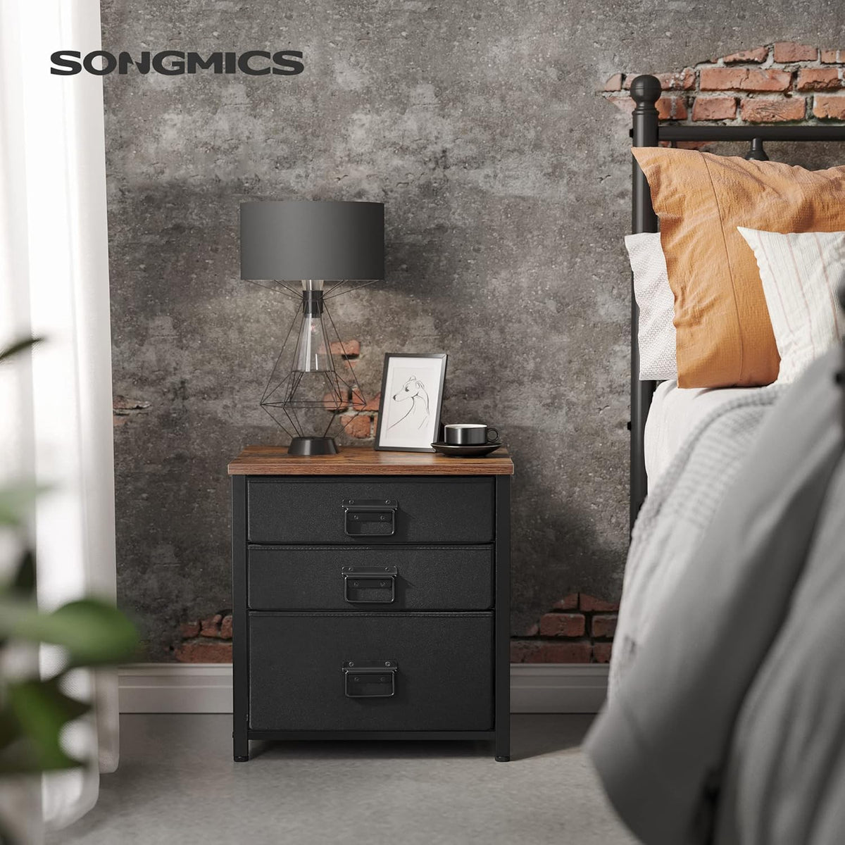 Rustic Brown and Black 3 Drawer Steel Frame Wooden Top Nightstand X531