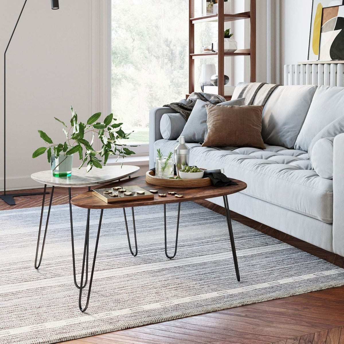 Mid-Century Nesting Coffee Table Set of 2, Faux Carrara Marble, Wood Finish, Black Metal Legs Y855