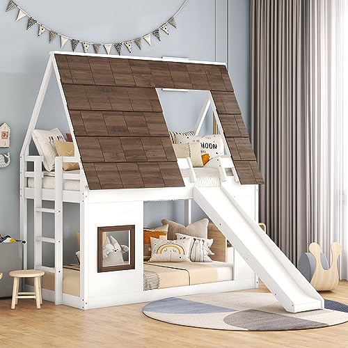 Twin-Over-Twin Wooden Bunk Bed with Storage, Gray+White F288