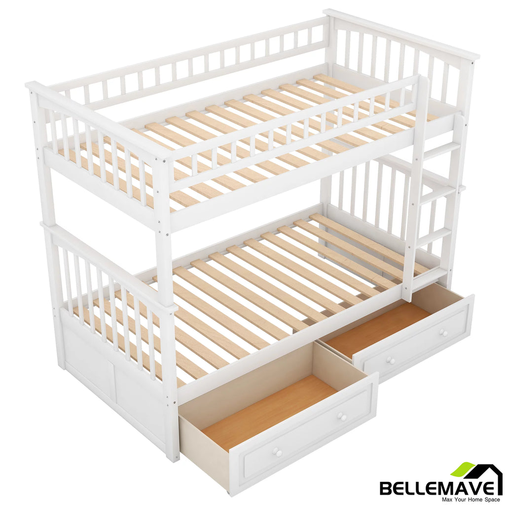 White Twin Over Twin Wooden Bunk Bed with 2 Storage Drawers Y695006