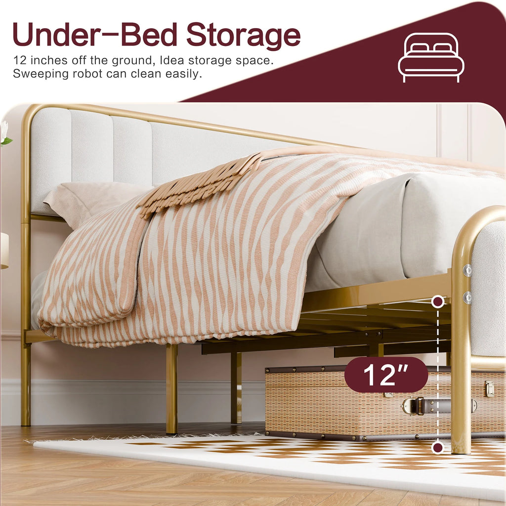 Gold Queen Size Velvet Fabric Headboard Metal Platform Bed E146466