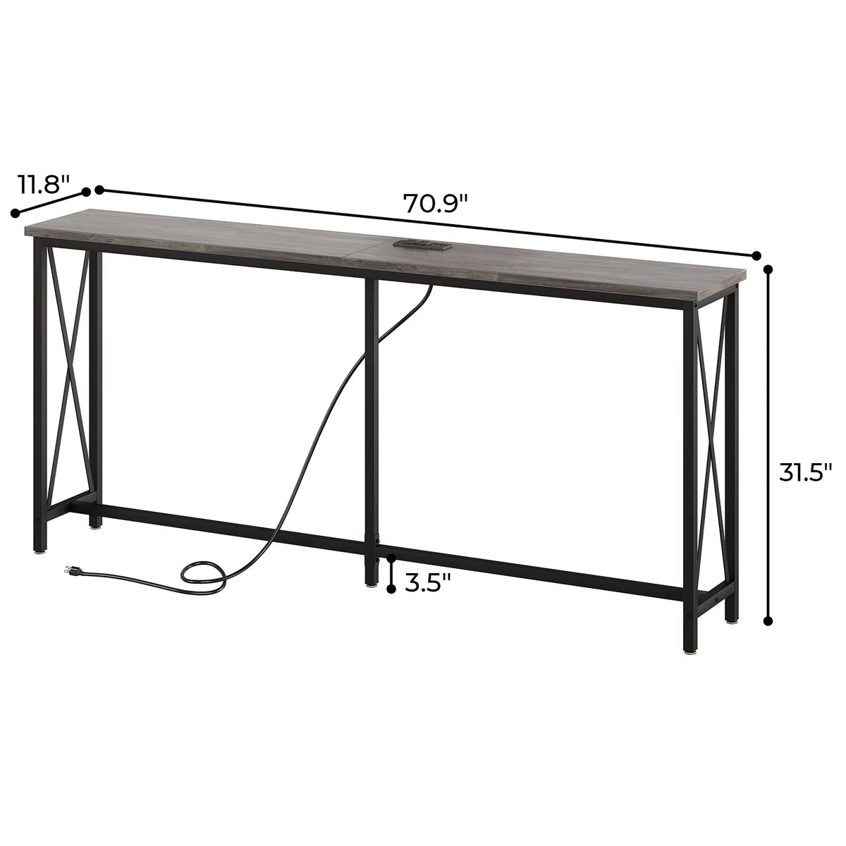 70 inch Console Table with Power Outlets Metal Frame Gray O9367