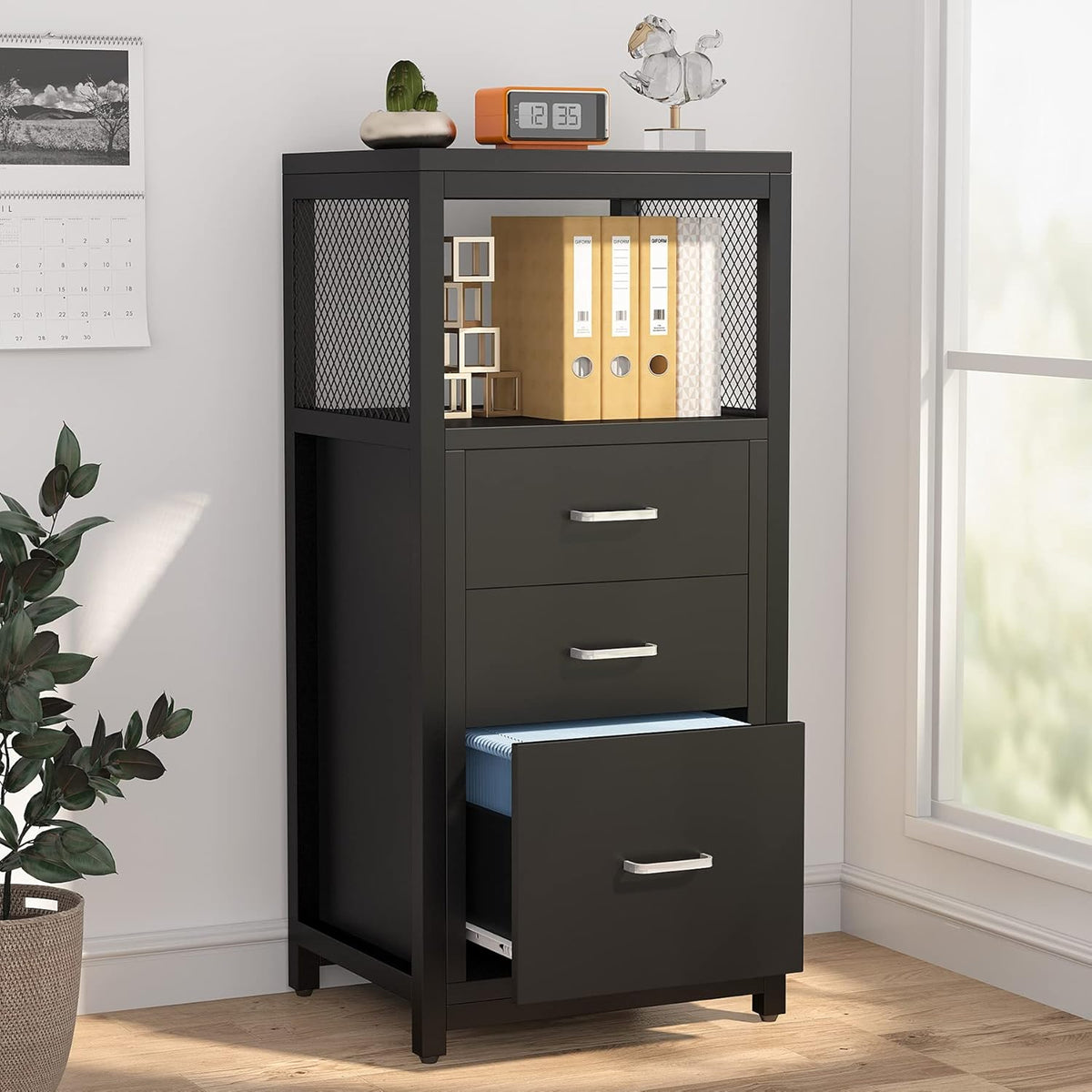 Black 3 Drawer Vertical File Cabinet with Metal Wire Storage Shelves E1521