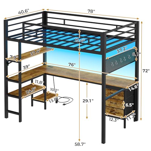 Twin Metal Loft Bed with L-Shaped Desk, LED Lights, Charging Station, Fabric Drawers & Shelves, White N6506