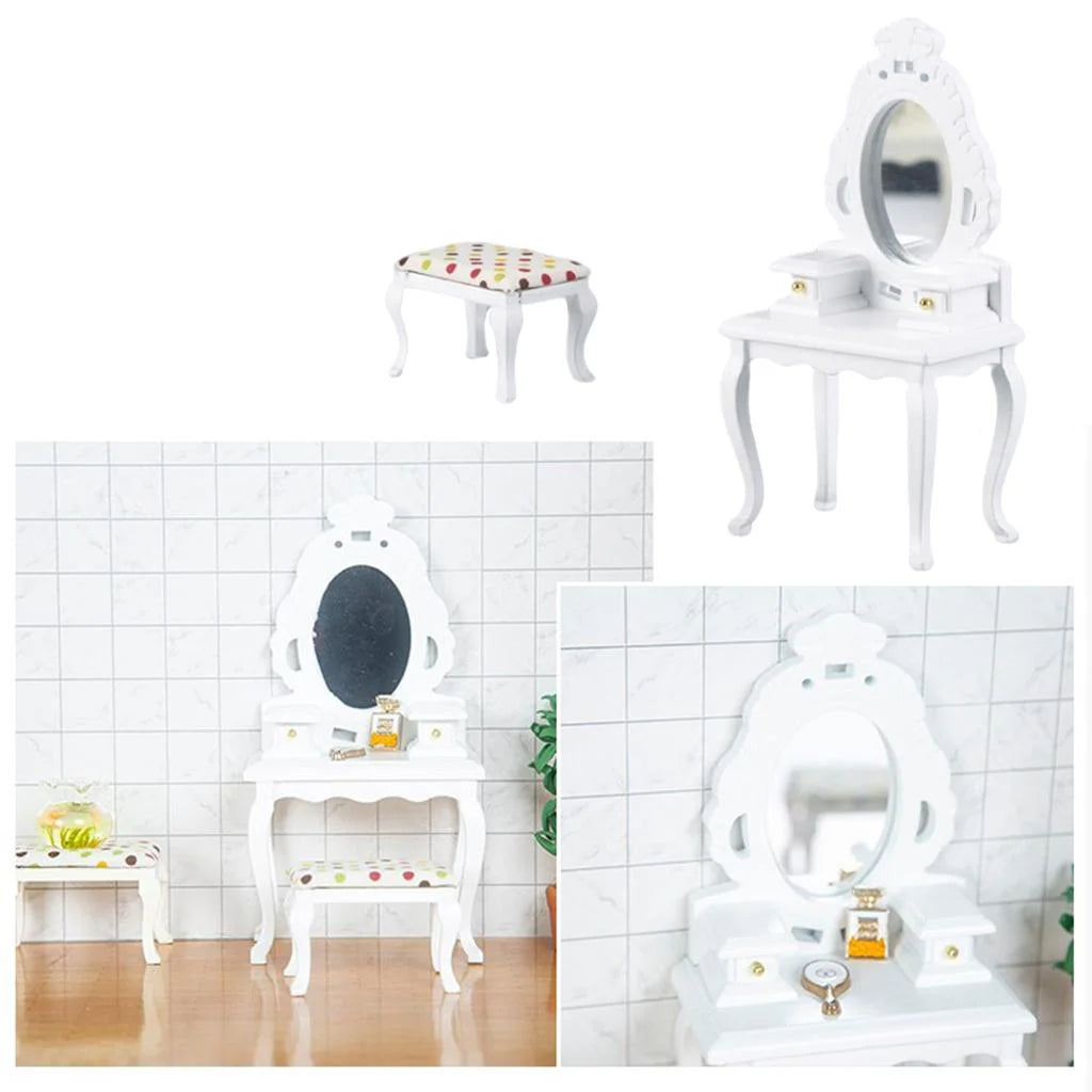 White Dollhouse Table with Stool D55490