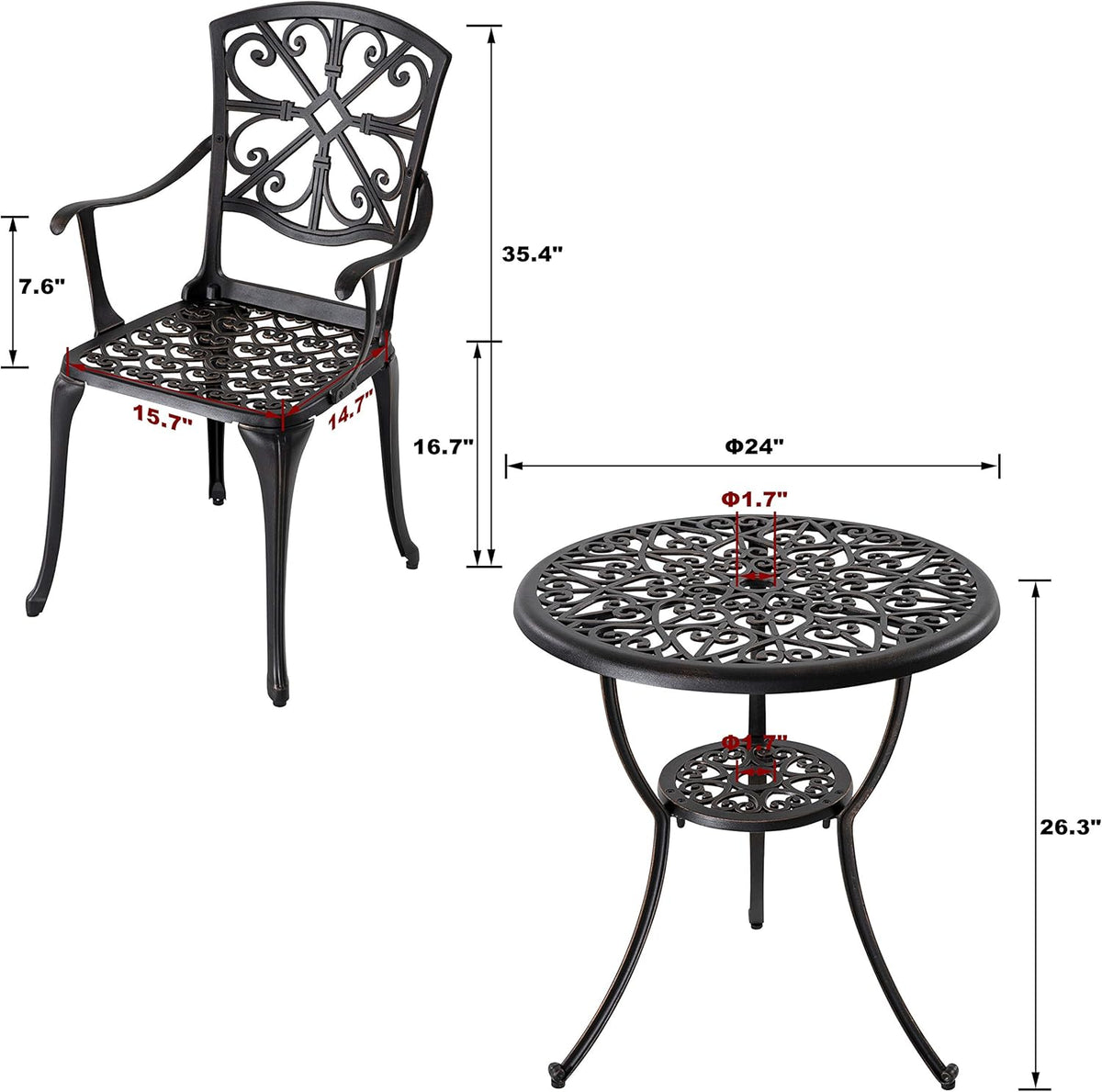 3 Piece Cast Aluminum Bistro Table and Chairs Set H9142