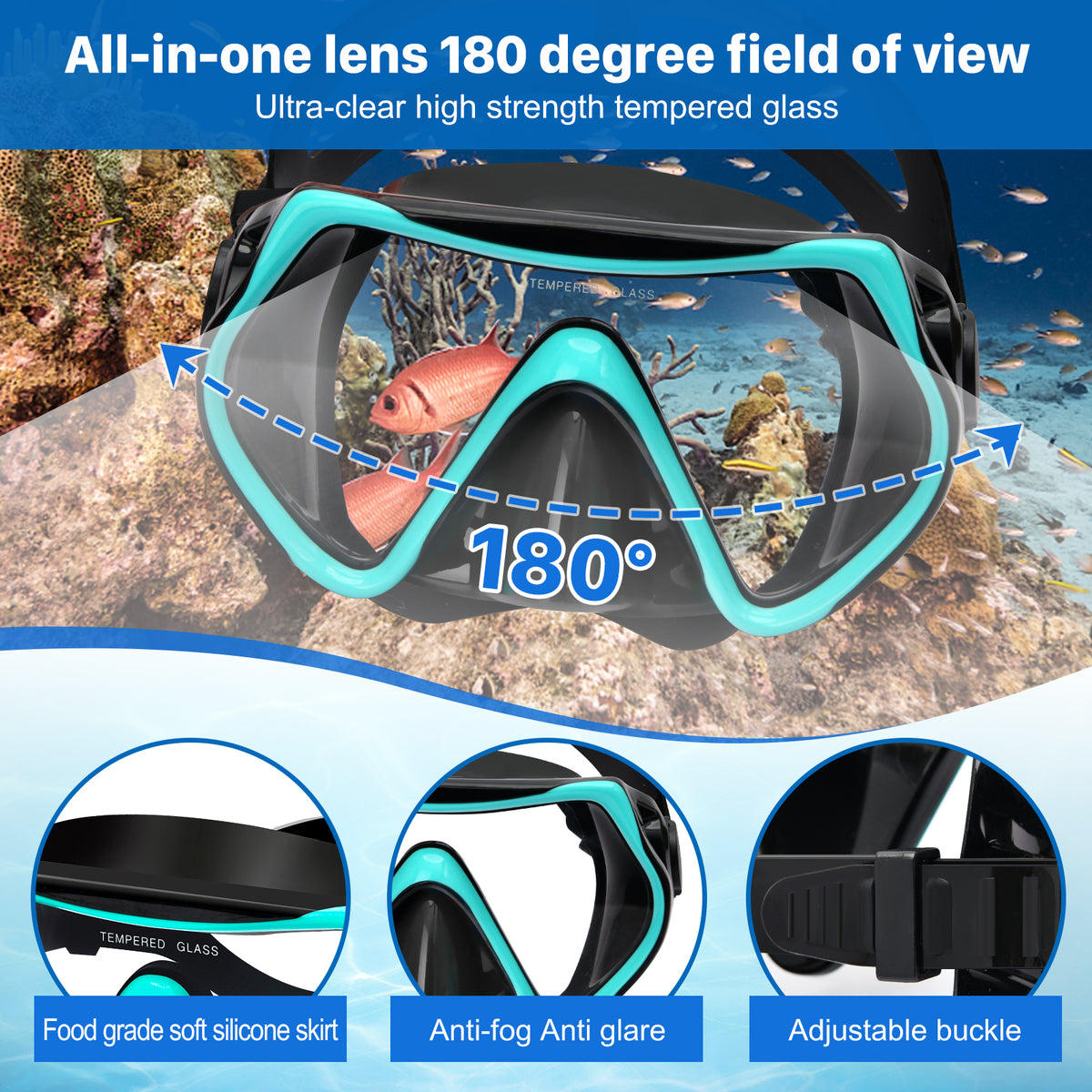 5 in 1 Snorkeling Gear Set with Tempered Glass and Travel Bag U74987