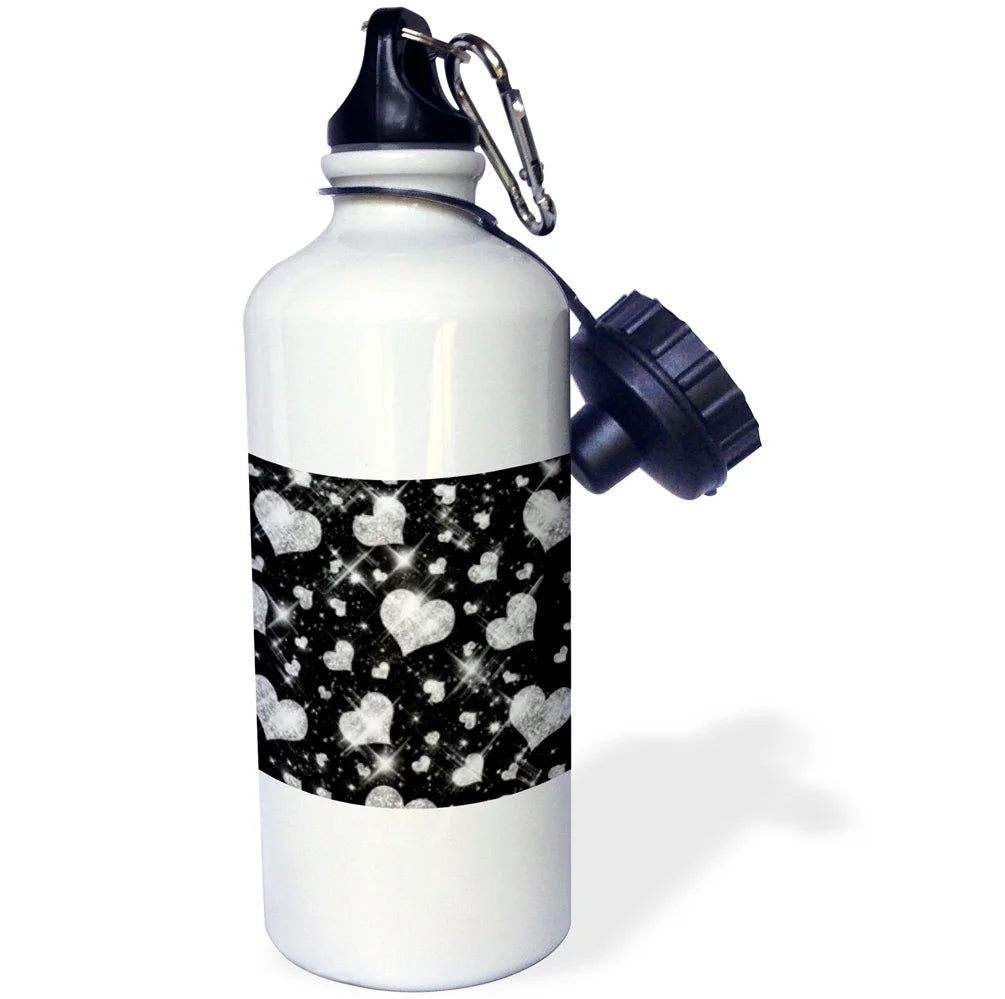 Glitter Hearts Silver 21 oz Sports Water Bottle M254
