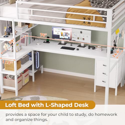 Twin Metal Loft Bed with L-Shaped Desk, LED Lights, Charging Station, Fabric Drawers & Shelves, White N6506