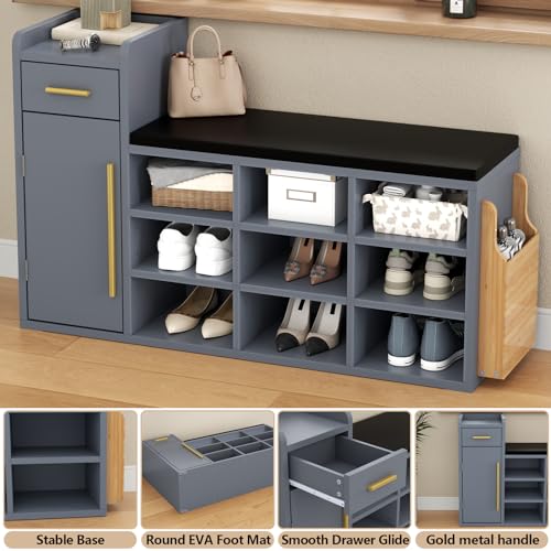 White 9 Cubbies Shoe Storage Bench with Cushion & Drawer U93170