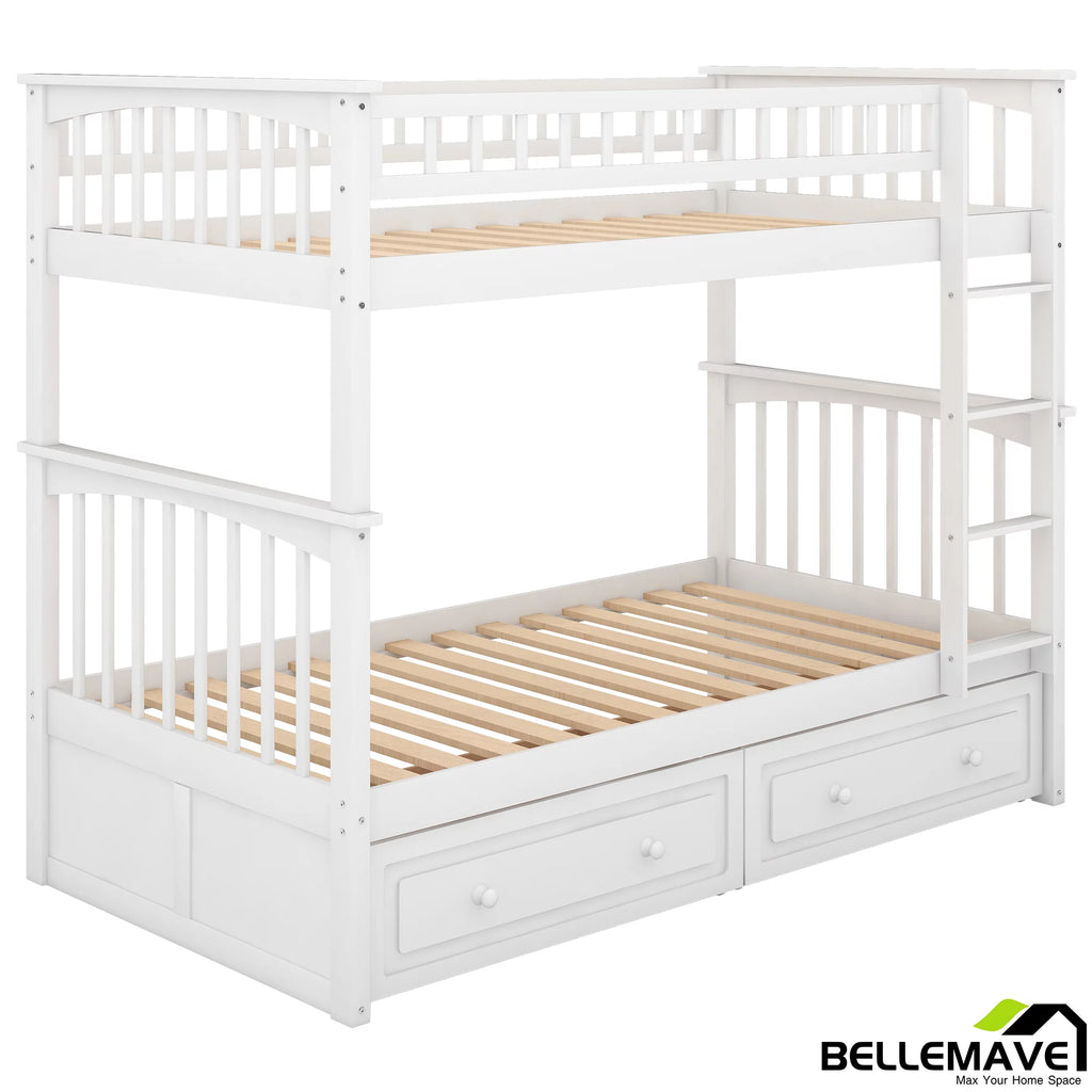 White Twin Over Twin Wooden Bunk Bed with 2 Storage Drawers Y695006