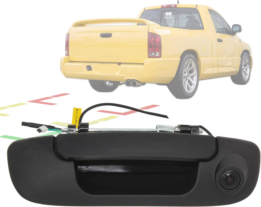 Tailgate Handle Backup Camera for Dodge Ram 1500 2500 3500 (2002-2008) Rear View Reverse Parking Camera with Optional Guideline RCA Connector (Black) X780