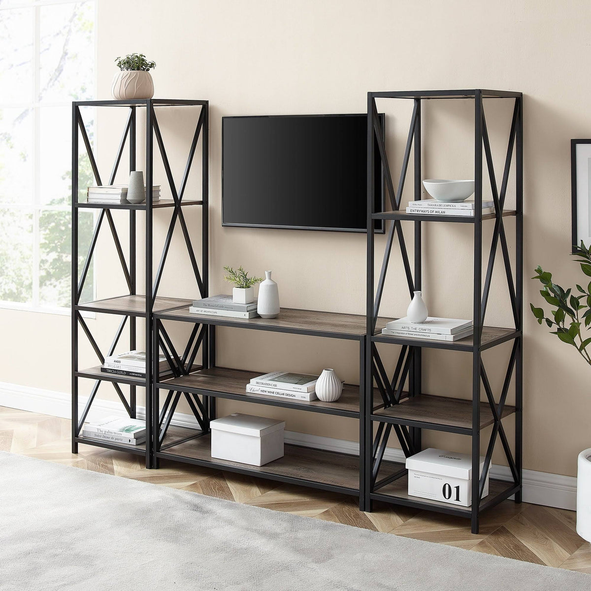 3-Piece Dark Walnut Black Metal Entertainment Wall M496