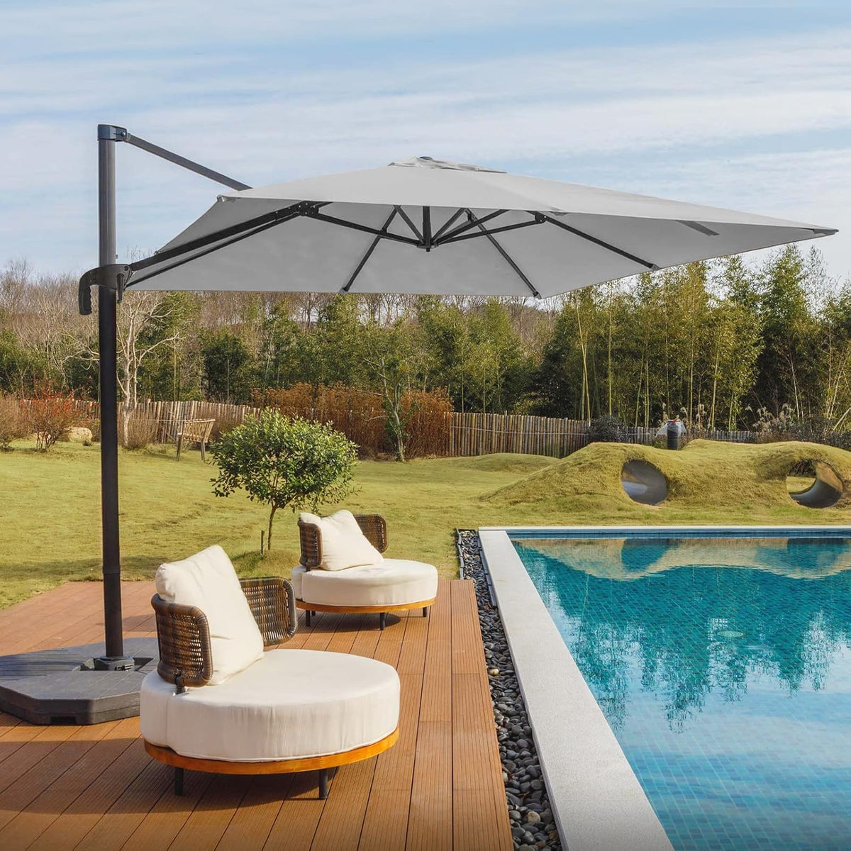 Grey 8.2FT Square Offset Patio Umbrella with Aluminum Pole V3281