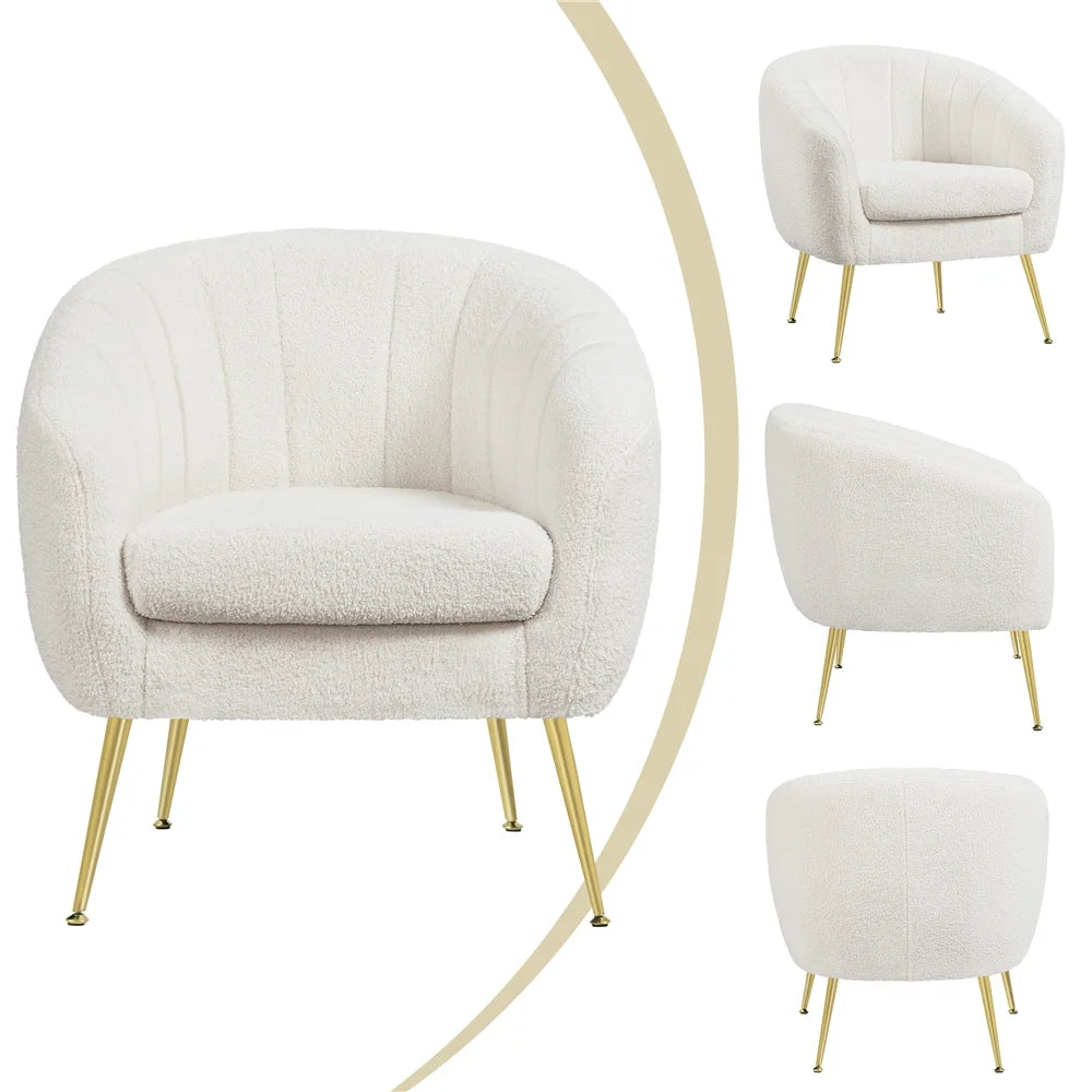 Ivory Tufted Velvet Accent Armchair with Gold Metal Legs D527