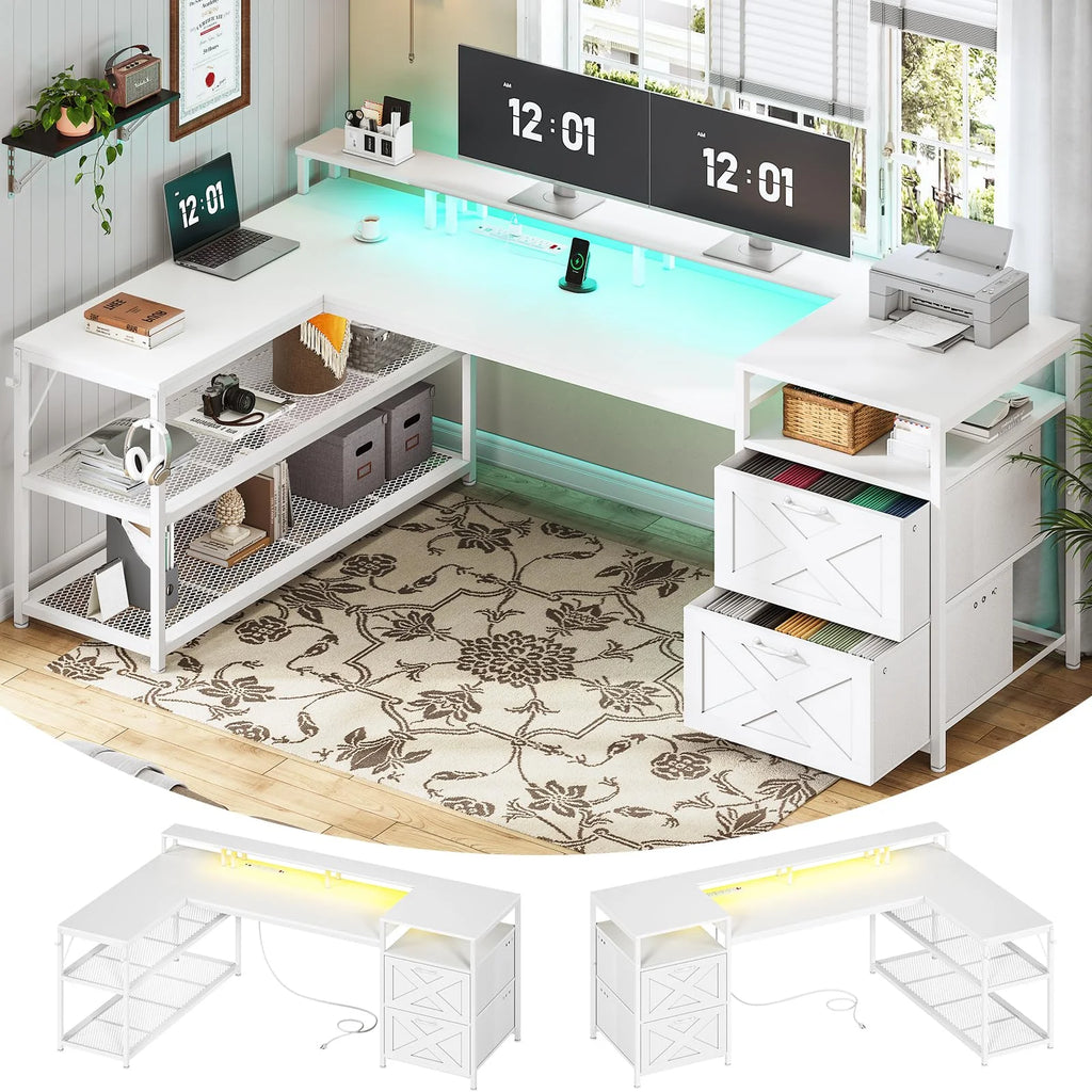 L Shaped Desk with Power Outlet and 2 Drawers, White J1408