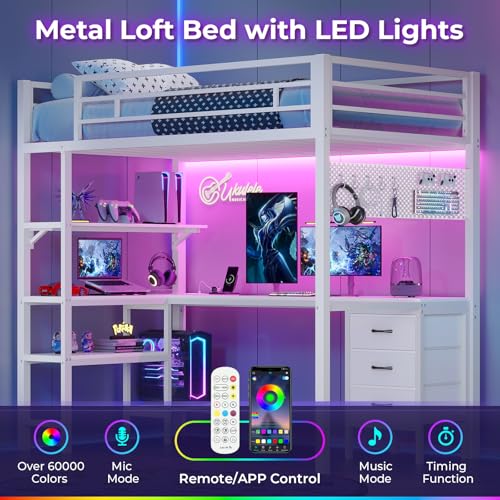 Twin Metal Loft Bed with L-Shaped Desk, LED Lights, Charging Station, Fabric Drawers & Shelves, White N6506