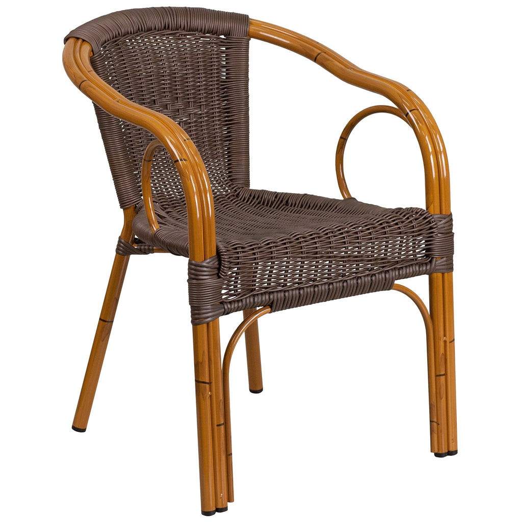 Dark Brown Rattan Patio Chair with Red Bamboo-Aluminum Frame K739
