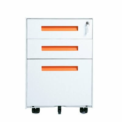 White/Orange 3-Drawer Mobile Metal File Cabinet with Lock K22550