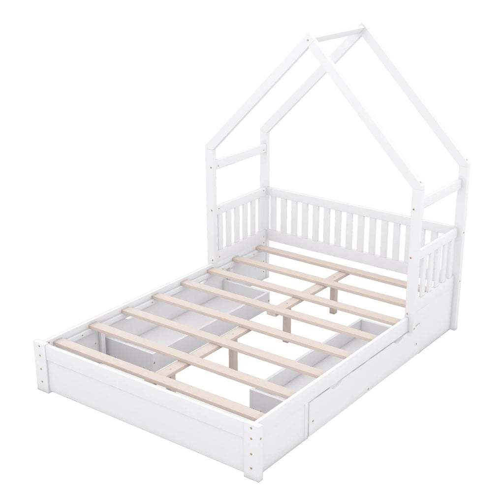 Queen Size Wood Platform Bed with Guardrail and 2 Storage Drawers C5356