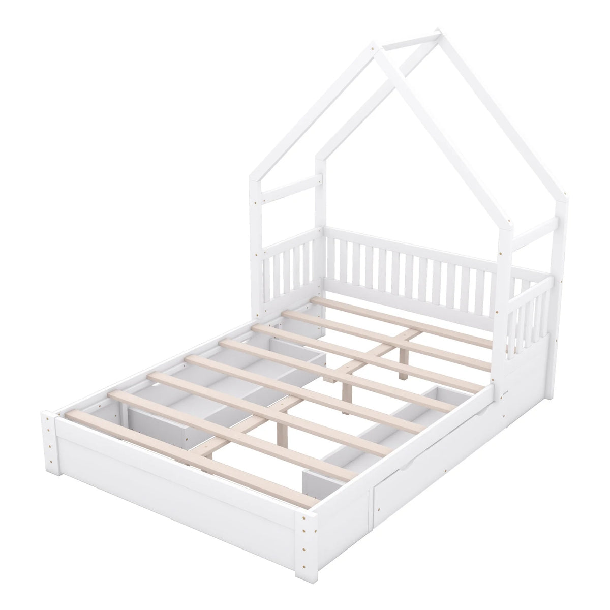 Queen Size Wood Platform Bed with Guardrail and 2 Storage Drawers C5356
