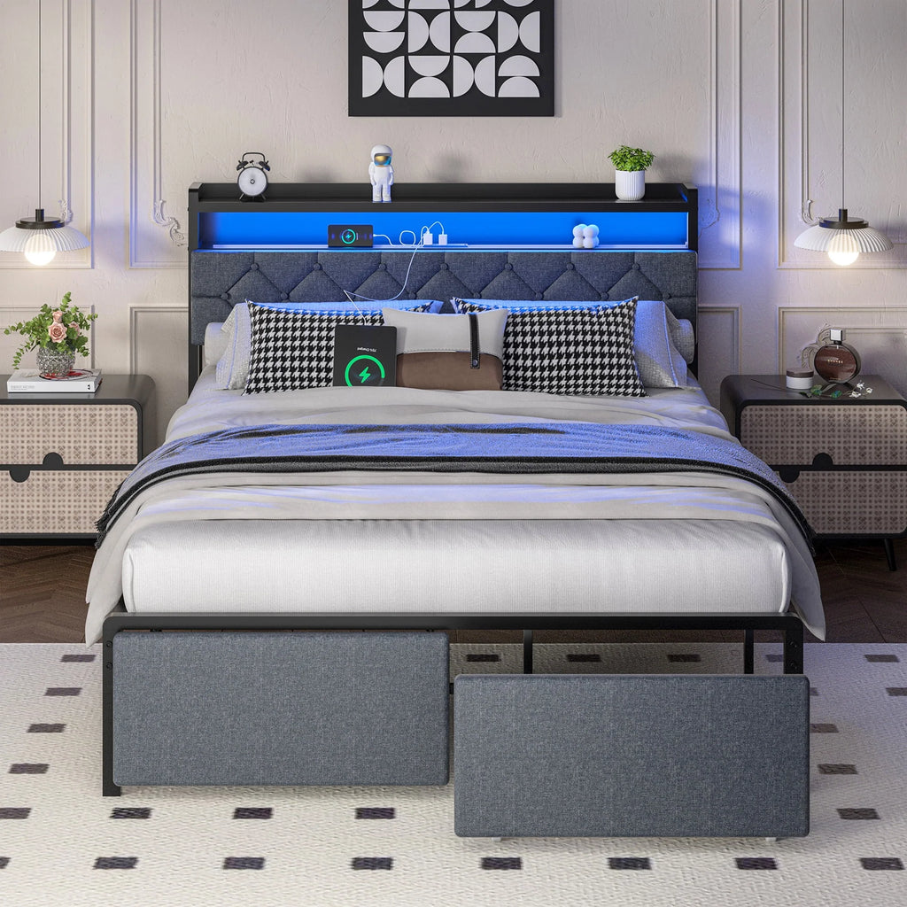 Gold Queen Size Velvet Fabric Headboard Metal Platform Bed E146466