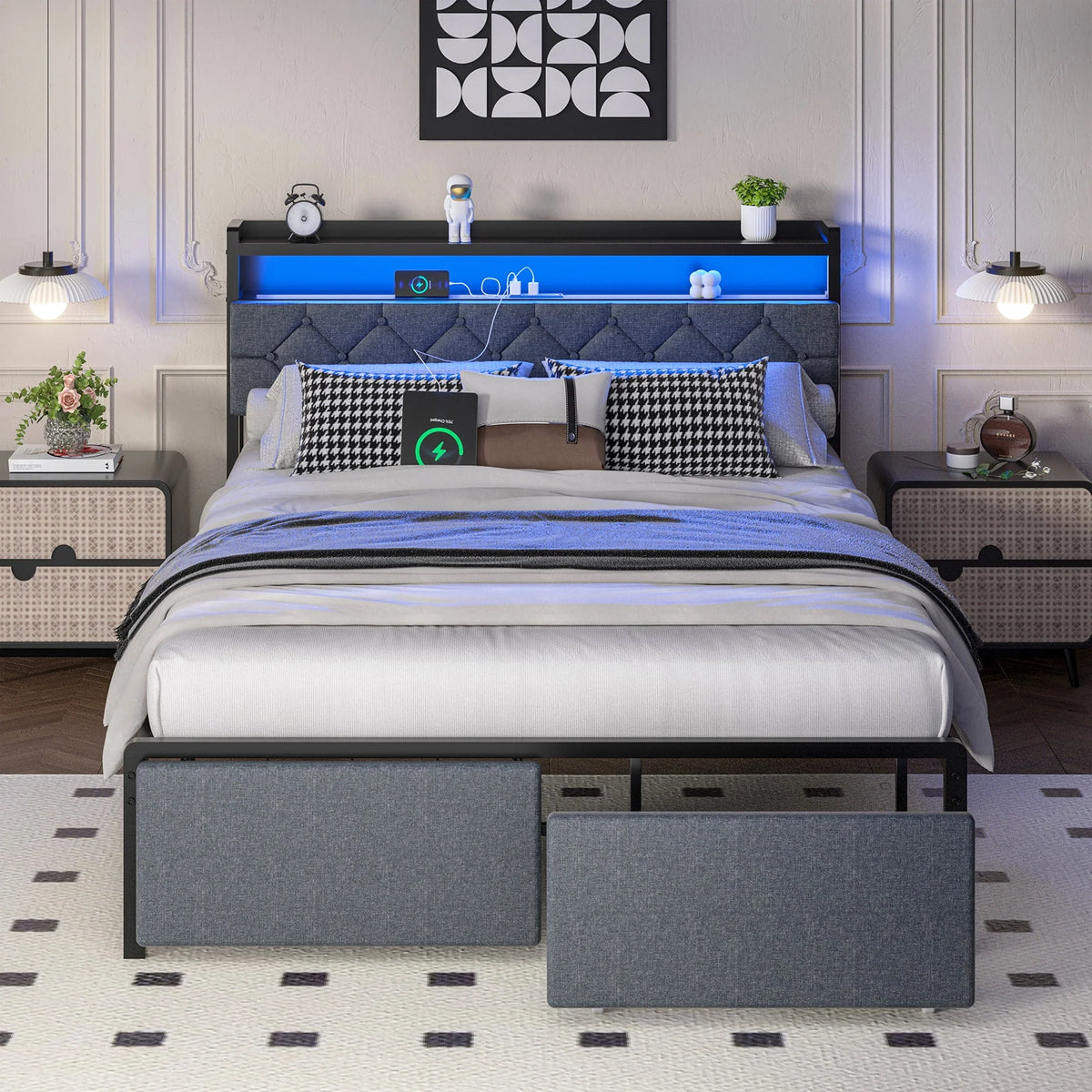 Gold Queen Size Velvet Fabric Headboard Metal Platform Bed E146466